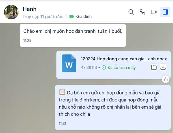 Chị Hạnh liên hệ đăng ký học đàn Tranh Việt Nam