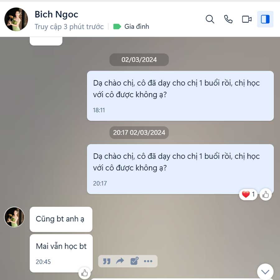 Sau buổi học thử đàn Tranh chị Bích Ngọc xác nhận giáo viên dạy đạt và tiếp-tuc-hoc-với-giáo-viên của trung tâm