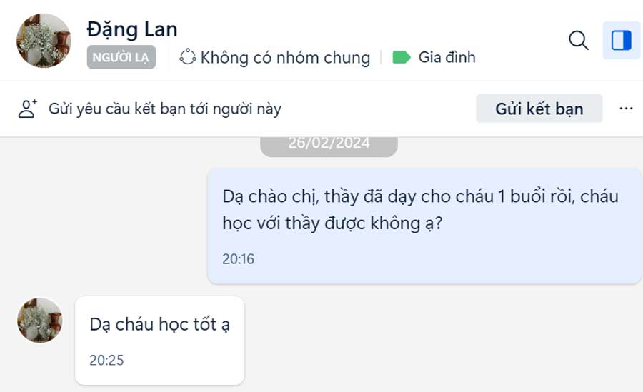 Sau buổi học thử chị Lan xác nhận con học tốt và chị cho cháu tiếp tục học với giáo viên